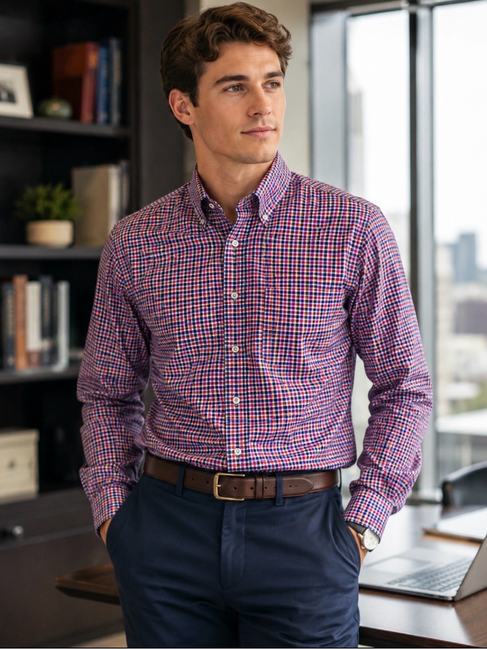Kenneth Gordon USA Check Button Down Shirt Medium Pink Blue Cotton Dress Shirt